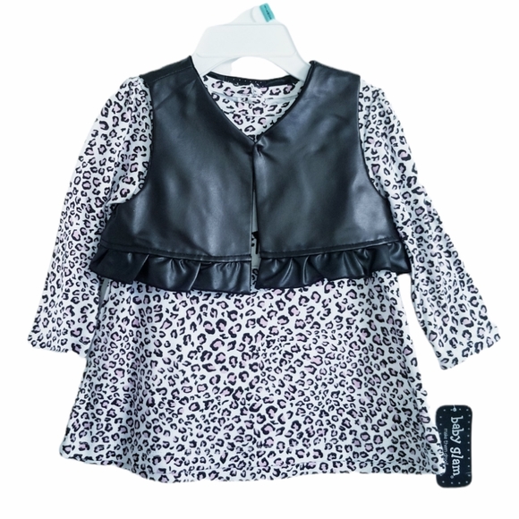 NWT Baby Glam Baby Girl Outfit Cat Print Dress and Vest 2-Piece Set - Picture 2 of 16